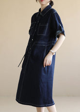 Estilo Azul Marino Cuello Peter Pan Bolsillos Cordón Algodón Denim Vestidos Manga Corta